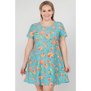 Yelete Dress Womens Large Orange Fruit Turquoise With Pockets Fit Flare Ladies
